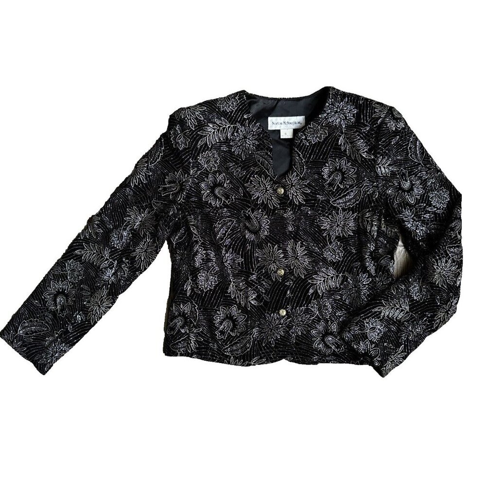 Vtg McNaughton Womens Velvet Jacket Size 6 Black Gold Glitter Floral Whimsigoth